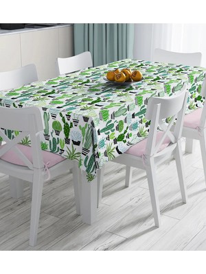 Rem Home Remhome Beyaz Zemin Üzerinde Yeşil Kaktüs Desenli Dijital Baskılı Masa Örtüsü 90 x 90 cm