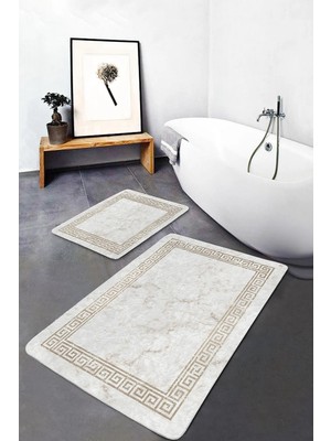 Rem Home Remhome Gold Zeminde Çerçeveli Motifli Mermer Desenli Geometrik Klasik 2'li Banyo & Mutfak Paspas Takımı Takım Banyo Paspası