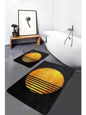 Rem Home Remhome 2'li Set Gold - Siyah Zeminde Kanvas Motifli Güneş Desenli Modern Geometrik 2'li Banyo Paspas Takımı Takım Banyo Paspası
