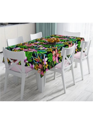 Rem Home Remhome Lacivert Zeminli Tropikal Desenli Dijital Baskılı Leke Tutmaz Masa ÖRTÜSÜ-120X140 cm