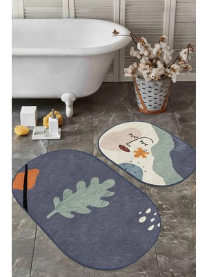Rem Home Remhome Soyut Tasarımlı Onedraw Motifli Dijital Baskılı 2'li Oval Kaymaz Tabanlı Banyo & Mutfak Paspas Seti Takım Banyo Paspası