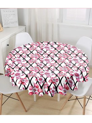 Rem Home Remhome Beyaz Zemin Üzerinde Siyah Çizgiler ile Çiçek Baskılı Yuvarlak Masa Örtüsü - Çap 140CM 140 x 140 cm