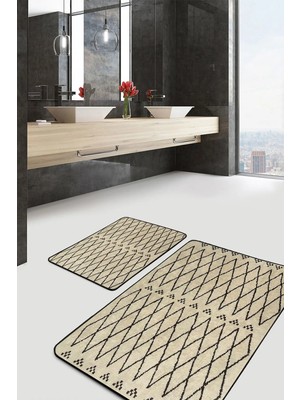 Rem Home Remhome Krem - Siyah Zeminde Kilim Motifli Yöresel Geometrik Eskitme Motifli 2'li Banyo Mutfak Paspas Takımı Takım Banyo Paspası