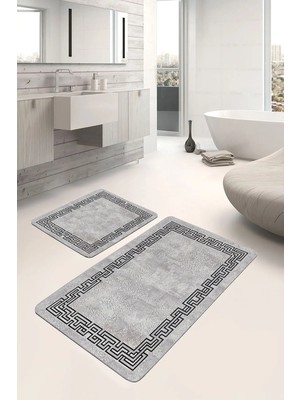 Rem Home Remhome Gri Zeminde Çerçeveli Motifli Eskitme Desenli Klasik Geometrik 2'li Banyo & Mutfak Paspas Takımı Takım Banyo Paspası