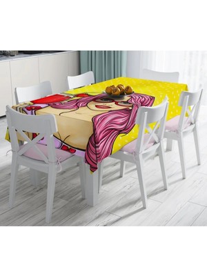 Rem Home Remhome Sarı Zeminli Popart Girl Desenli Dekoratif Leke Tutmaz Masa ÖRTÜSÜ-120X140 cm 90 x 90 cm