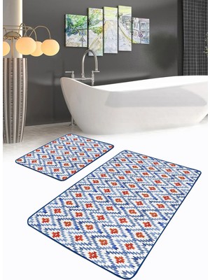 Rem Home Remhome Mavi Suluboya Zigzag Motifli 2'li Mutfak Paspas Seti & Banyo Paspas Takımı Takım Banyo Paspası
