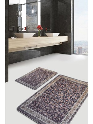 Rem Home Remhome Antika Zeminde Osmanlı Motifli Geleneksel Etnik Motifler Vintage 2'li Banyo & Mutfak Paspas Takımı Takım Banyo Paspası