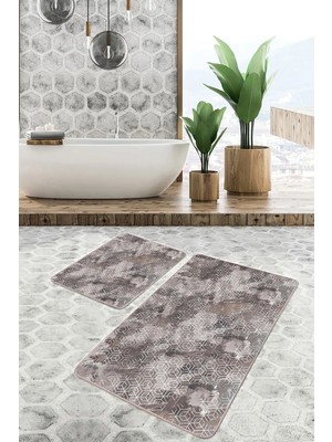 Rem Home Remhome Kahverengi Zemin Eskitme Motifli Geometrik Eskitme Motifli Geometrik 2'li Banyo Mutfak Paspas Takımı Takım Banyo Paspası