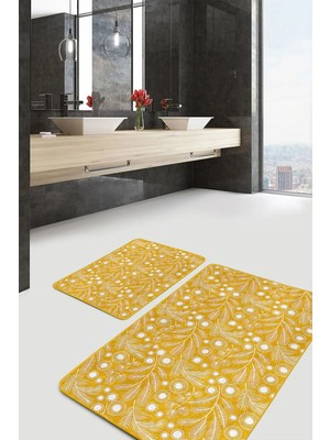 Rem Home Remhome 2'li Set Sarı Zeminde Çiçek ve Yaprak Motifli Floral Desenli Floral Klasik 2'li Banyo Paspas Takımı Takım Banyo Paspası