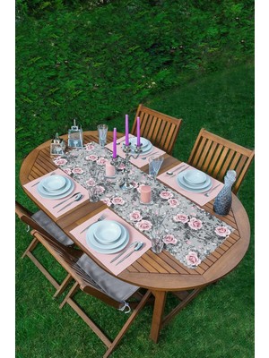 Rem Home Remhome Füme Temalı Kanaviçe Çiçek Motifli Dijital Baskılı 1 Runner & 4 Adet Pembe Renkli Amerikan Servis