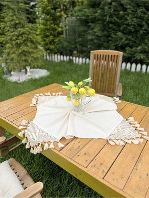 Rem Home Remhome El Dantelli Örgü Ip Işlemeli Püskül Organik Pamuklu Masa Örtüsü 90 x 90 cm