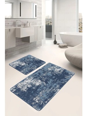 Rem Home Remhome Mavi - Beyaz Zeminde Eskitme Motifli Dokuma Halı Eskitme Motifli Modern 2'li Banyo Paspas Takımı Takım Banyo Paspası