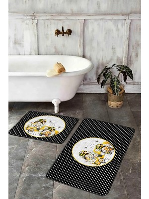 Rem Home Remhome Siyah Puantiyeli Sarı Arabalı 2'li Banyo Paspas Takımı & Mutfak Halısı Seti Takım Banyo Paspası