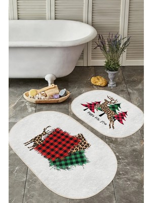 Rem Home Remhome Ekose Tasarımlı Geyik Motifli Yılbaşı Temalı 2'li Oval Kaymaz Tabanlı Banyo & Mutfak Paspas Takımı Takım Banyo Paspası