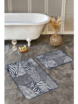 Rem Home Remhome 2'li Set Lacivert Zeminde Patchwork Motifli Post Desenli Klasik Sade & Şık 2'li Banyo Paspas Takımı Takım Banyo Paspası