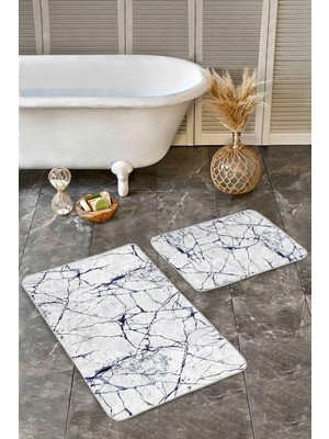 Rem Home Remhome 2'li Set Lacivert - Gri Zeminde Duvar Motifli Mermer Klasik Sade & Şık 2'li Banyo Paspas Takımı Takım Banyo Paspası