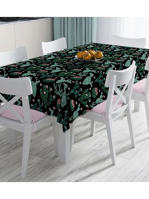 Rem Home Remhome Siyah Zemin Üzerinde Yeşil Kaktüs Desenli Dijital Baskılı Masa Örtüsü 90 x 90 cm