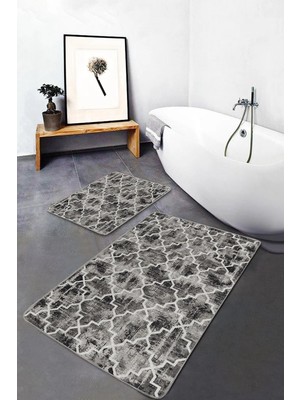 Rem Home Remhome 2'li Set Kahverengi Zeminde Morrocan Motifli Eskitme Geometrik Vintage 2'li Banyo Paspas Takımı Takım Banyo Paspası