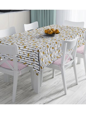 Rem Home Remhome Siyah Beyaz Zeminli Gold Yaprak Desenli Dijital Baskılı Masa Örtüsü 90 x 90 cm