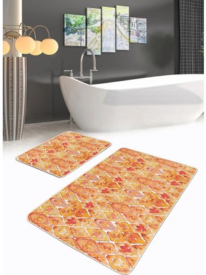 Rem Home Remhome Turuncu Ebru Sanatı Desenli 2'li Banyo Halı Takımı & Klozet Paspas Seti Takım Banyo Paspası