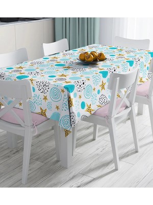 Rem Home Remhome Beyaz Zeminde Mavi Puan Gold Yıldızlı Dijital Baskılı Masa Örtüsü 90 x 90 cm