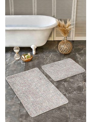Rem Home Remhome Çok Renkli - Krem Zeminde Eskitme Motifli Dokuma Halı Desenli Klasik Modern 2'li Banyo Paspas Takımı Takım Banyo Paspası
