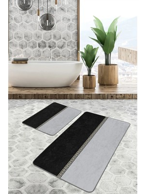 Rem Home Remhome Gold - Siyah Zeminde Geometrik Motifli Klasik Geometrik Sade & Şık 2'li Banyo & Mutfak Paspas Takımı Takım Banyo Paspası