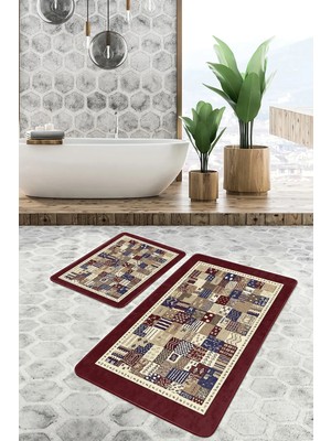 Rem Home Remhome Kahverengi Zeminde Patchwork Motifli Etnik Vintage Etnik Motifler 2'li Banyo & Mutfak Paspas Takımı Takım Banyo Paspası