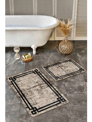 Rem Home Remhome Kahverengi Zeminde Çerçeveli Motifli Antika Avangarde Sade & Şık 2'li Banyo & Mutfak Paspas Takımı Takım Banyo Paspası