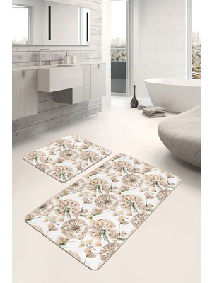 Rem Home Remhome Karahindiba Temalı Dijital Baskılı Özel Tasarım 2'li Kaymaz Tabanlı Banyo & Mutfak Paspas Takımı Takım Banyo Paspası