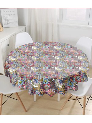 Rem Home Remhome Renkli Mozaik Tasarımlı Özel Tasarımlı Yuvarlak Masa Örtüsü - Çap 140CM 140 x 140 cm