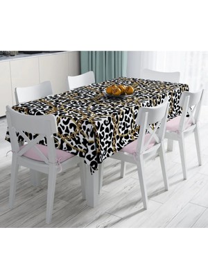 Rem Home Remhome Leopar Desenli Altın Detaylı Özel Tasarım Modern Leke Tutmaz Masa Örtüsü 120×140 cm 120 x 140 cm
