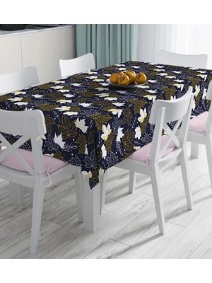 Rem Home Remhome Renkli Zemin Üzerinde Gold Detaylı Yaprak Desenli Dijital Baskılı Masa Örtüsü 90 x 90 cm