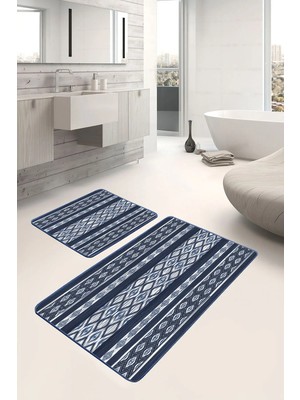 Rem Home Remhome 2li Set Lacivert Zeminde Etnik Motifli Kilim Desenli Vintage Etnik Motifler 2'li Banyo Paspas Takımı Takım Banyo Paspası