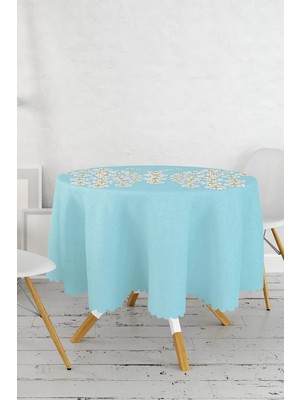 Rem Home Remhome Mavi Zemin Papatyadan Kelebek Tasarımlı Dijital Baskılı Modern Yuvarlak Masa Örtüsü - Çap 140 cm 140 x 140 cm