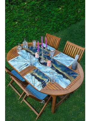 Rem Home Remhome 4+1 Mavi Mermer Tasarımlı Amerikan Servis & Runner Seti