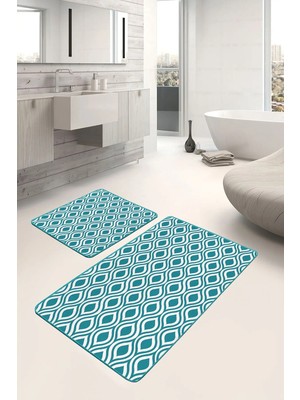 Rem Home Remhome 2'li Set Turkuaz Zeminde Geometrik Motifli Klasik Desenli Geometrik Klasik 2'li Banyo Paspas Takımı Takım Banyo Paspası