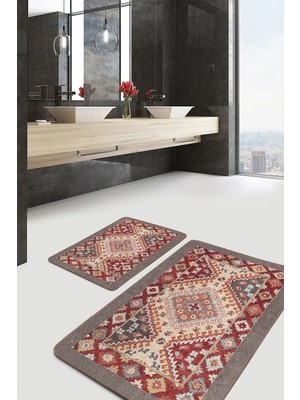 Rem Home Remhome 2'li Kırmızı Zeminde Etnik Motifli Kilim Desenli Avangarde Vintage 2'li Banyo & Mutfak Paspas Takımı Takım Banyo Paspası