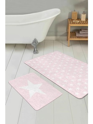 Rem Home Remhome Pembe Zemin Yıldız Temalı 2'li Kaymaz Tabanlı Banyo & Mutfak Paspas Takımı Takım Banyo Paspası