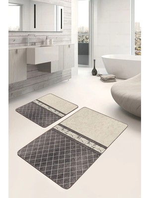 Rem Home Remhome Krem - Kahverengi Zeminde Mermer Motifli Baklava Geometrik Klasik 2'li Banyo & Mutfak Paspas Takımı Takım Banyo Paspası