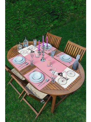 Rem Home Remhome Pembe Krem Zemin Bisikletli Adam Motifli 1 Adet Runner & 4 Adet Renkli Amerikan Servis