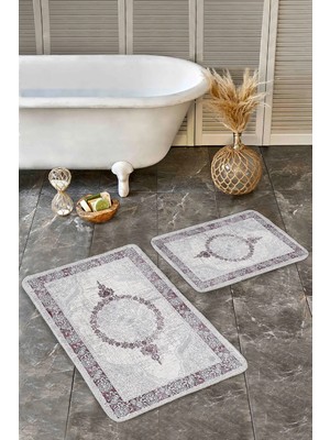 Rem Home Remhome 2'li Set Krem - Pembe Zeminde Hereke Motifli Dokuma Avangarde Sade & Şık 2'li Banyo Paspas Takımı Takım Banyo Paspası