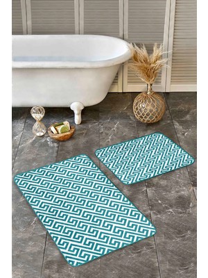 Rem Home Remhome 2'li Set Turkuaz Zeminde Geometrik Motifli Mozaik Desenli Geometrik Klasik 2'li Banyo Paspas Takımı Takım Banyo Paspası