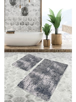 Rem Home Remhome 2'li Set Gri - Bej Zeminde Antik Motifli Örme Eskitme Motifli Geometrik 2'li Banyo Paspas Takımı Takım Banyo Paspası