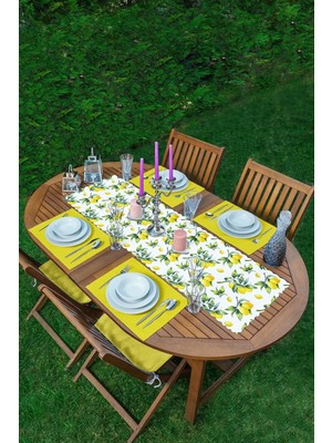 Rem Home Remhome Beyaz Zeminde Limon Desenli 3D Modern 1 Adet Runner & 4 Adet Sarı Renkli Amerikan Servis