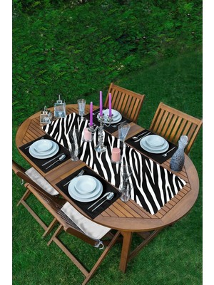 Rem Home Remhome Zebra Derisi Desenli Dijital Baskılı Modern 1 Adet Runner & 4 Adet Siyah Renkli Amerikan Servis