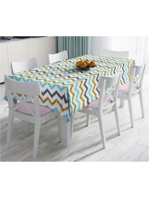Rem Home Remhome Mavi Gri Gold Zigzag Desenli Özel Tasarımlı Leke Tutmaz Masa ÖRTÜSÜ-120X140 cm