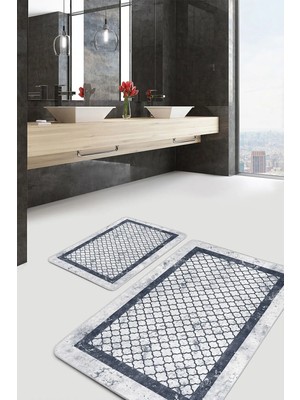 Rem Home Remhome 2'li Set Gri Zeminde Çerçeveli Motifli Geometrik Geometrik Sade & Şık 2'li Banyo Paspas Takımı Takım Banyo Paspası