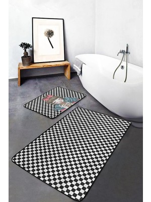Rem Home Remhome Kahve Içen Kız Motifli Dama Temalı 2'li Kaymaz Tabanlı Banyo & Mutfak Paspas Takımı Takım Banyo Paspası