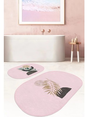 Rem Home Remhome Pembe Zemin Bohem Tropik Yaprak Tasarımlı 2'li Oval Kaymaz Tabanlı Banyo & Mutfak Paspas Takımı Takım Banyo Paspası